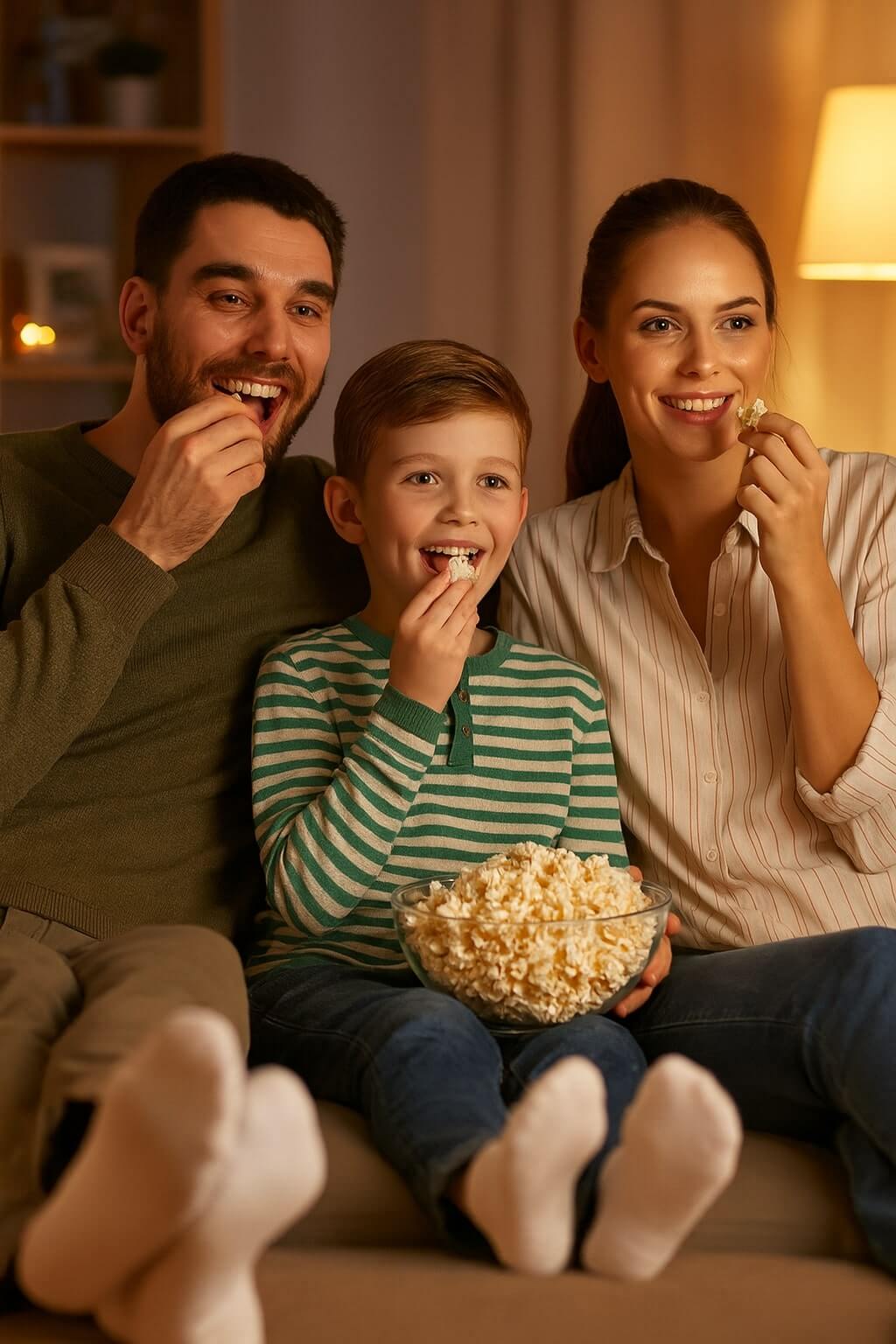 Happy family watching EVESTV together—mother, father and young son sharing popcorn on a sofa in a warmly lit living room.